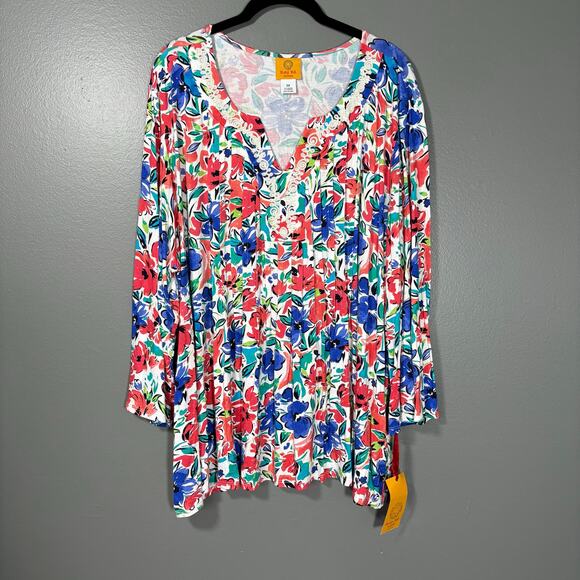 Ruby Rd. NWT Boho Red & Blue Floral Embroidered Trim Top - 2X - Womens Plus Size - Picture 1 of 6